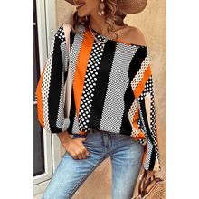 Orange Polka Dot Vertical Striped Printed Puff Sleeve Blouse