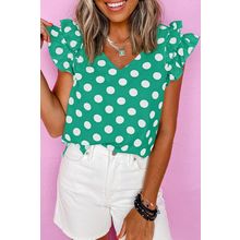 Green Polka Dot Print Ruffled Sleeve V Neck Blouse