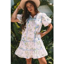 Pink Floral Striped Print Contrast Trim Tie Split Neck Mini Dress