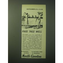 1948 North Carolina Tourism Ad - Fare thee well