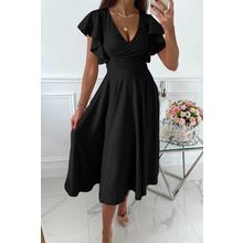 Black Ruffled Sleeve Wrap V Neck Midi Dress