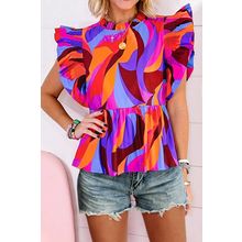 Orange Abstract Print Flutter Sleeve Peplum Blouse