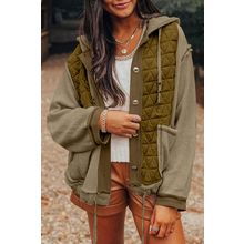 Jungle Green Quilted Textured Patchwork Loose Fit Hooded Jacket