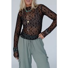 Black Sheer Floral Lace Long Sleeve Slim Fit Top