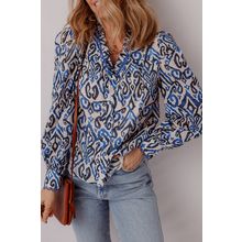 Blue Bohemian Print Embroidered V Neckline Detail Long Sleeve Shirt