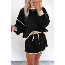 Black Color Contrast Loose Pullover and Lace-up Waist Skort Set