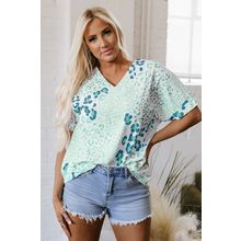 Green Mixed Leopard Print V Neck Short Sleeve Blouse