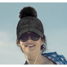 Baseball Cap - Faux Suede w/ Detachable Faux Fox Fur Pom Pom - Black - HT-BA-...