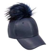 Baseball Cap - Faux Leather With Detachable Faux Fox Fur Pom Pom - Navy - HT-...
