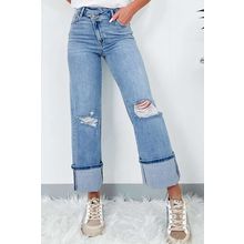 Dusk Blue High Rise Asymmetric Button Zip Fly Ripped Jeans