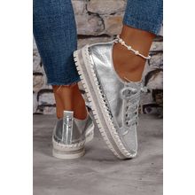 Silvery Rhinestone Metallic Sheen Lace-up Flat Shoes