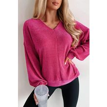 Rose Red Textured Long Sleeve V Neck Top