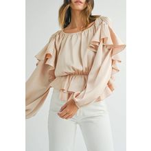 Oatmeal Lace-up Keyhole Back Ruffled Peplum Blouse