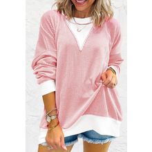 Peach Blossom Corded Colorblock Drop Shoulder Loose Top