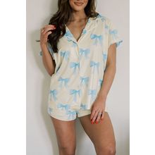 Yellow Bow Printed Short Sleeve Shirt Shorts Pajama Set