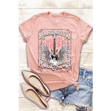 Pink Hard Rock Guitar Print Crew Neck T Shirt