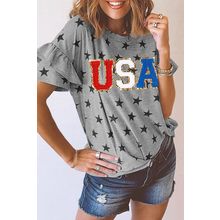 Gray USA Letter Patched Star Printed Ruffle Trim Sleeves Loose Tee