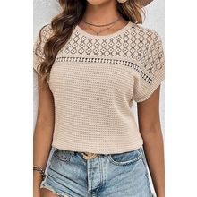 Oatmeal Lace Patchwork Waffle Short Sleeve Top