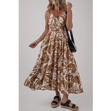 Khaki Floral Shirred High Waist Spaghetti Straps Maxi Dress
