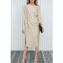 Apricot Satin Wrap Tie Side Boat Neck Long Sleeve Dress
