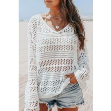 White Hollow Out Crochet V Neck Pullover Sweater