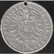 1876 J Germany 5 Mark Silver Coin Hamburg