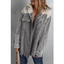 Gray Color Block Button Down Hooded Corduroy Jacket