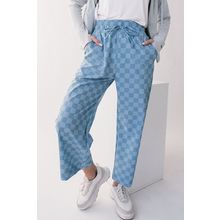 Sky Blue Checkered Elastic High Waist Loose Casual Pants