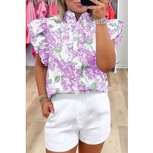 Purple Floral Print Ruffle Sleeve Frilly Button Up Shirt