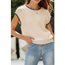 Beige Contrast Trim Boxy Fit Knit Short Sleeve Sweater Top