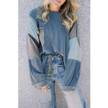 Dusk Blue Colorblock Stitching Patchwork Buttoned Long Sleeve Top