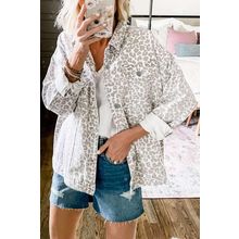 White Leopard Printed Flap Pocket Denim Jacket