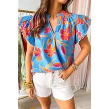 Sky Blue Floral Print V Neck Pompom Trim Flutter Sleeve Blouse