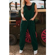 Evergreen Corduroy V Neck Patched Pocket Sleeveless Jumpsuit