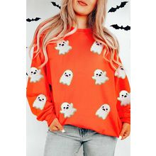 Orange Halloween Ghost Cute Patched Pattern Holiday Sweatshirt
