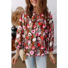 Red Floral Three Quarter Sleeve Lace-up Neck Blouse