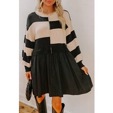 Black Stripe Two in One Knitted Top High Waist Splicing Hem Sweater Dress