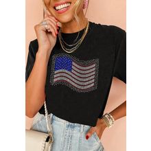 Black Rhinestone American Flag Casual Round Neck Tee