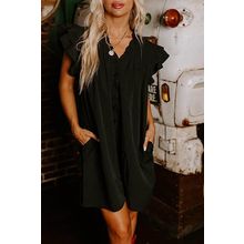 Black Ruffle Sleeve V Neck Frilled Shift Dress