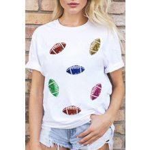 White Sequin Rugby Football Pattern Crewneck T Shirt