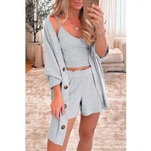 Light Grey 3 Pieces Rib Crop Camisole Matching Shorts Lounge Set with Cardigan