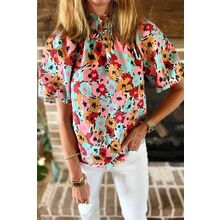 White Frilled High Neck Buttons Back Floral Blouse