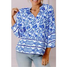 Blue Boho Printed 3/4 Sleeve Tied Neck Blouse
