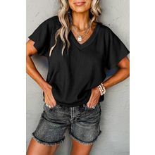 Black Crinkled V Neck Wide Sleeve T-shirt