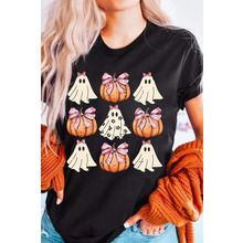 Black Bowknot Ghost Pumpkin Graphic Halloween T Shirt