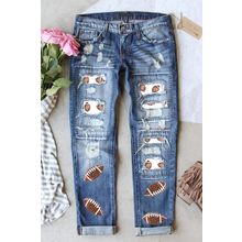 Sky Blue Sequin Rugby Football Patchwork Distressed Straight Leg Jeans