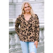 Brown Leopard Split Joint V Neck Long Sleeve Tops