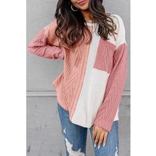 Peach Blossom Long Sleeve Colorblock Chest Pocket Textured Knit Top