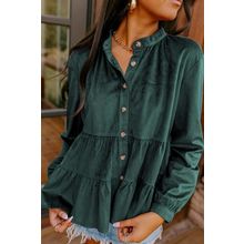 Skobeloff Corduroy Ruffle Tiered Buttoned O Neck Shirt
