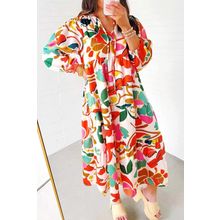 Orange Floral Print Drawstring V Neck Tiered Plus Size Dress